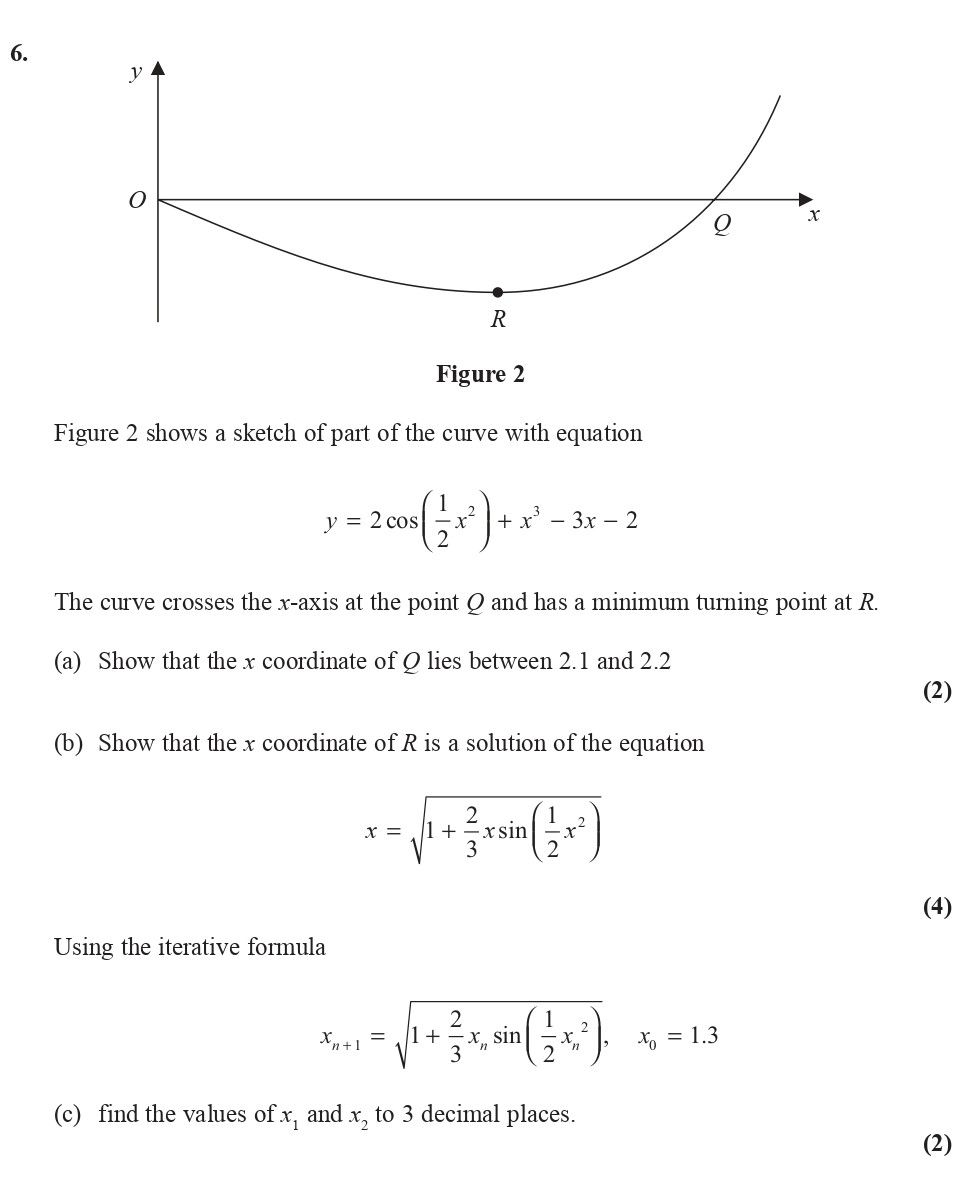 Figure-2-shows-a-sketch-of-part-of-the-curve-with-equation--y-=-2-\,--ext{cos}-\,-igg(-rac{1}{2}-x^2-\bigg)-+-x^3---3x---2--The-curve-crosses-the-x-axis-at-the-point-Q-and-has-a-minimum-turning-point-at-R-Edexcel-A-Level Maths Pure-Question 6-2014-Paper 5.png